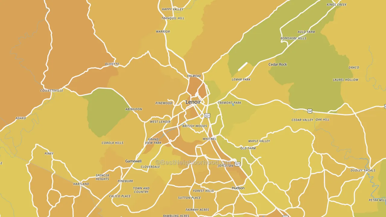 Map of the best neighborhoods in the Lenoir area, with better matches in green and worse matches in red