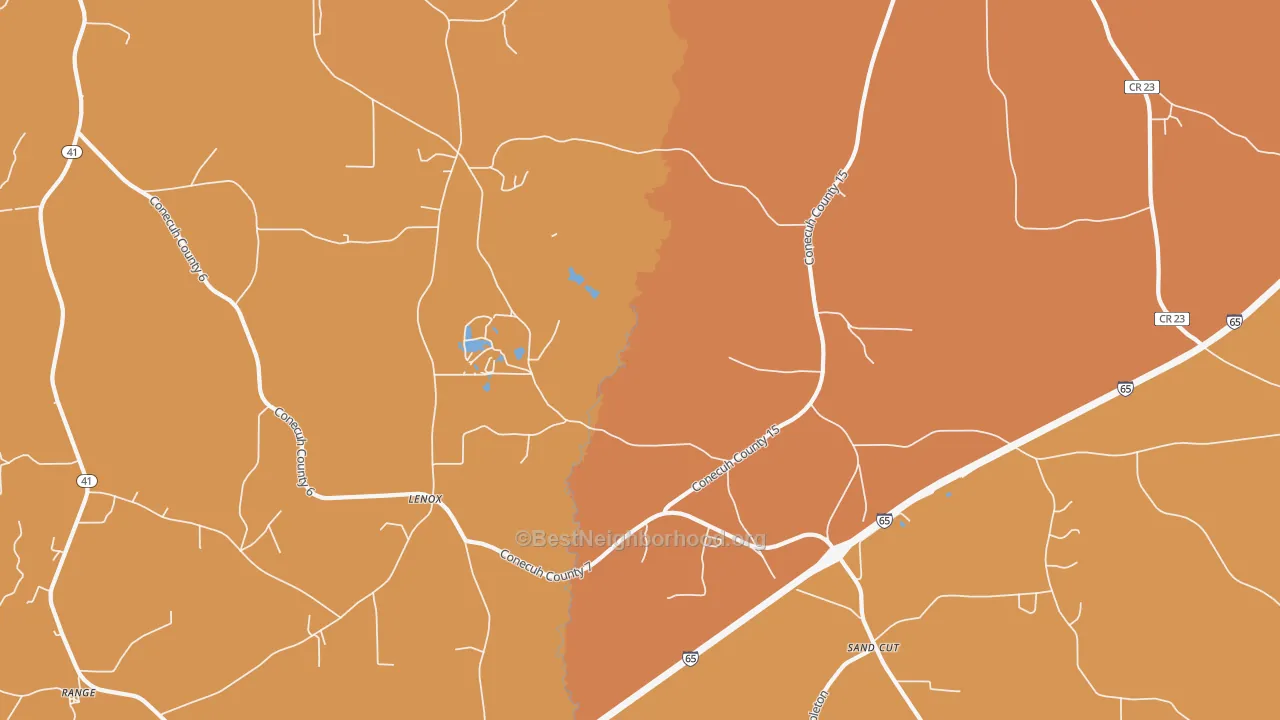 Map of the best neighborhoods in the Lenox area, with better matches in green and worse matches in red