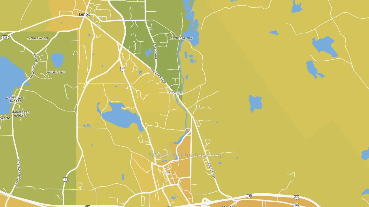 Map of the best neighborhoods in the Lenox Dale area, with better matches in green and worse matches in red