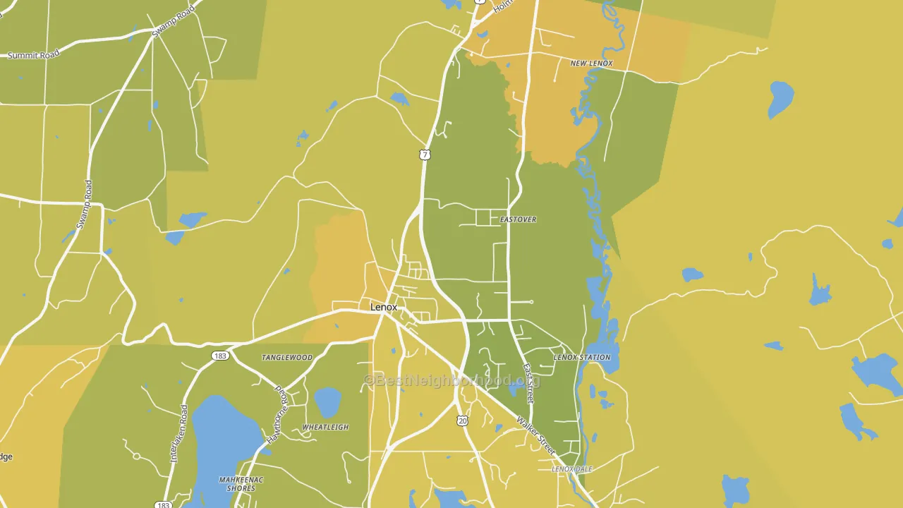 Map of the best neighborhoods in the Lenox area, with better matches in green and worse matches in red