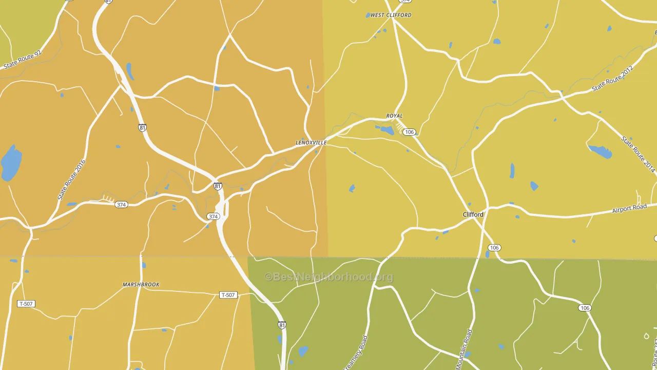 Map of the best neighborhoods in the Lenoxville area, with better matches in green and worse matches in red