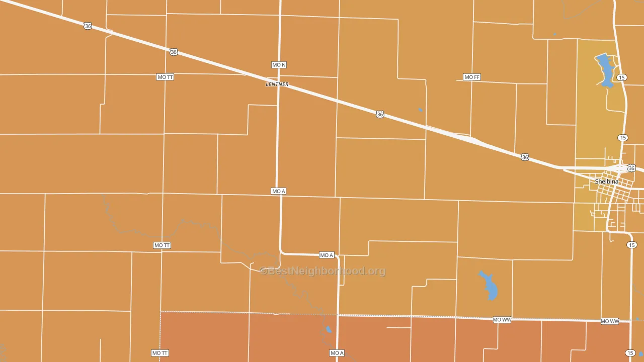 Map of the best neighborhoods in the Lentner area, with better matches in green and worse matches in red