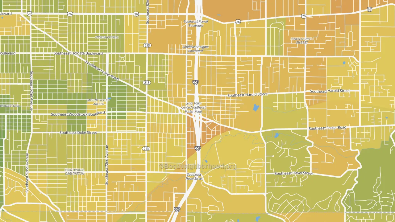 Map of the best neighborhoods in the Lents, Portland area, with better matches in green and worse matches in red