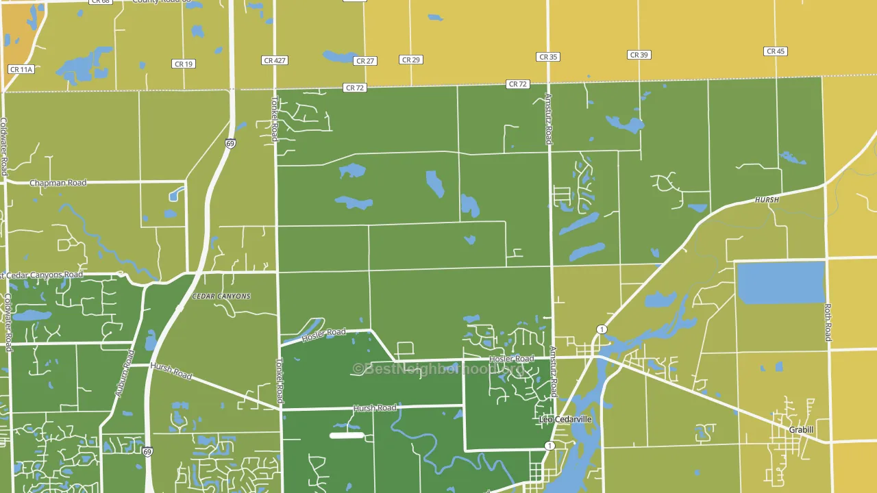 Map of the best neighborhoods in the Leo area, with better matches in green and worse matches in red