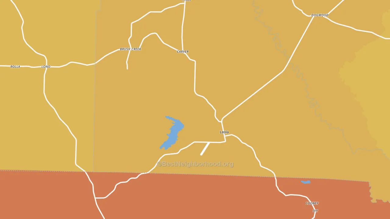 Map of the best neighborhoods in the Leola area, with better matches in green and worse matches in red