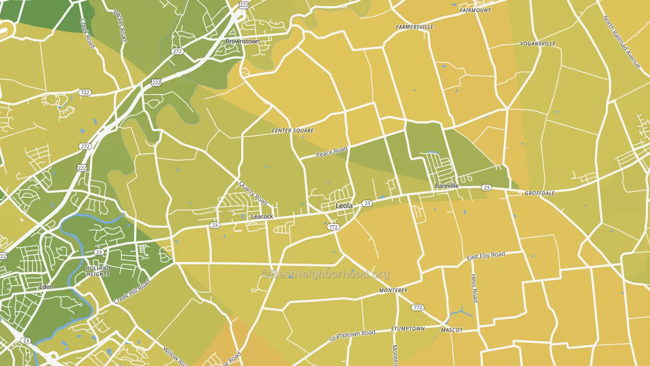 Map of the best neighborhoods in the Leola area, with better matches in green and worse matches in red