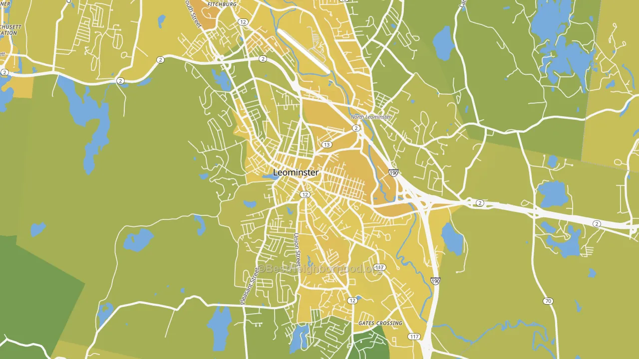 Map of the best neighborhoods in the Leominster area, with better matches in green and worse matches in red