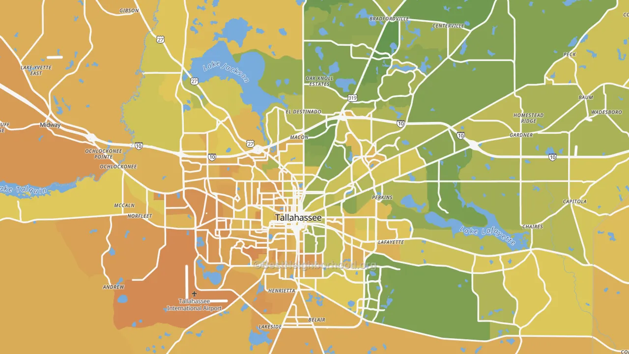 Map of the best neighborhoods in the Leon County area, with better matches in green and worse matches in red