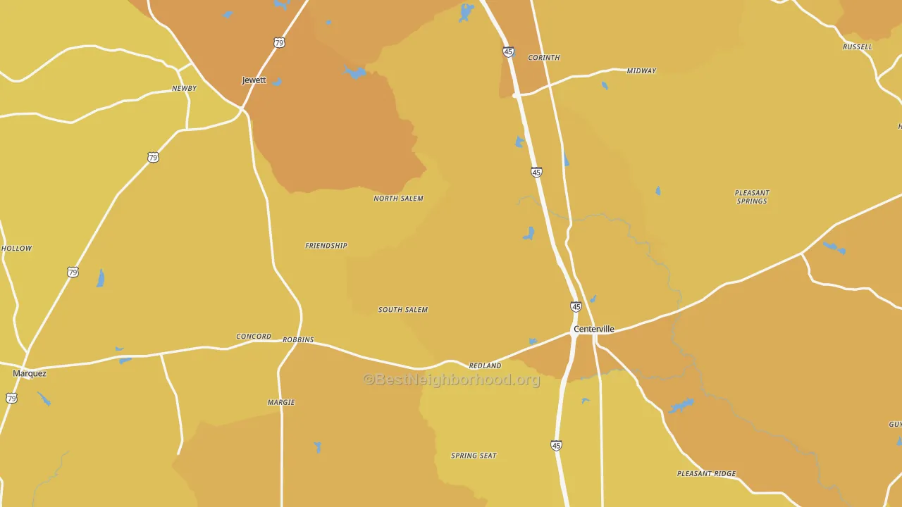 Map of the best neighborhoods in the Leon County area, with better matches in green and worse matches in red