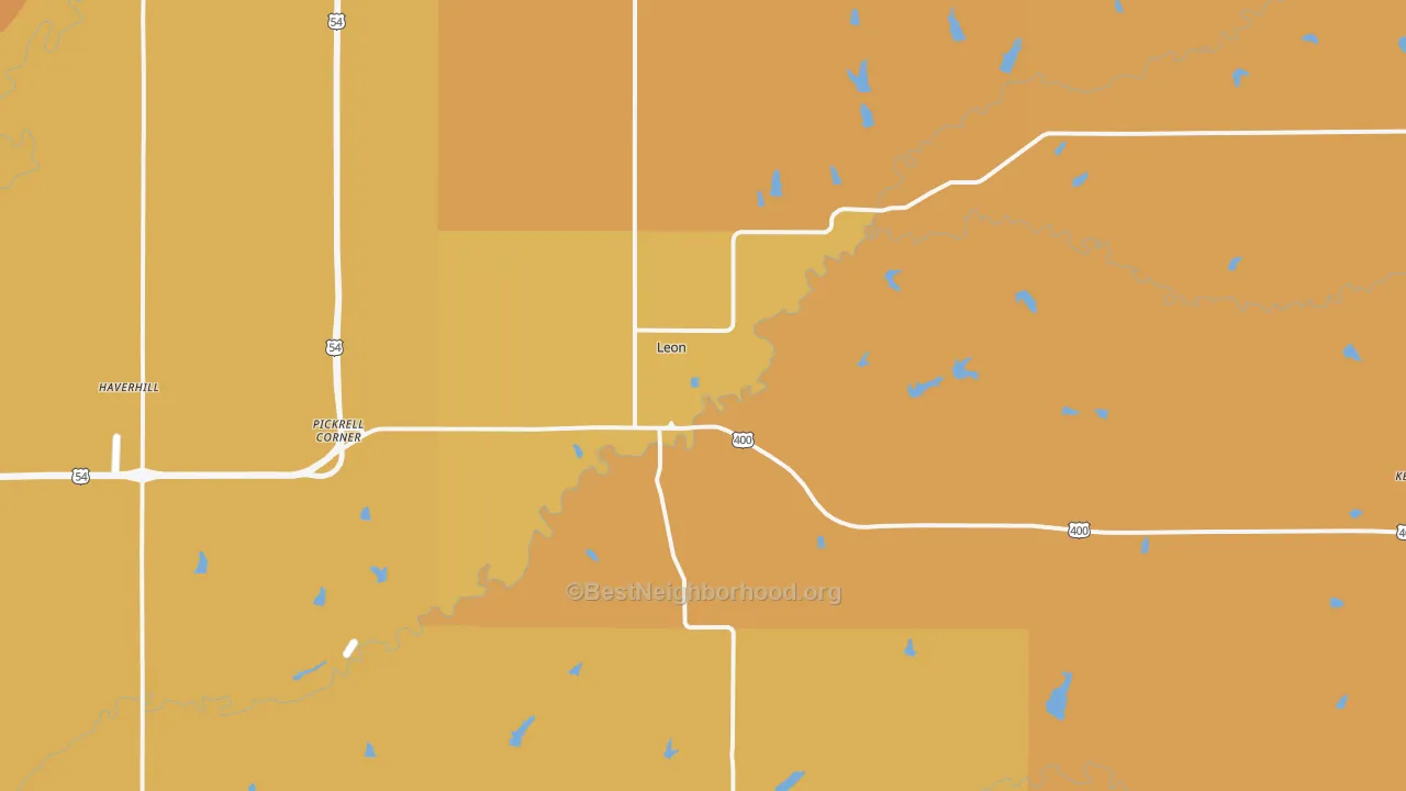 Map of the best neighborhoods in the Leon area, with better matches in green and worse matches in red