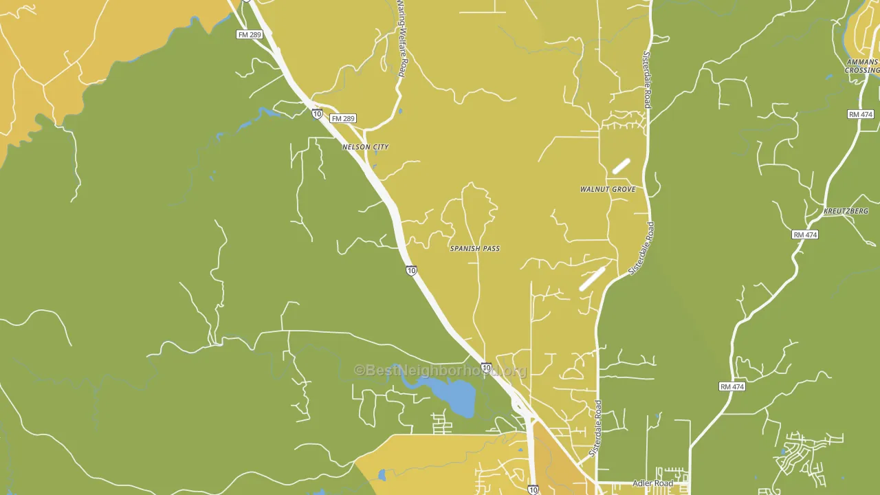 Map of the best neighborhoods in the Leon Springs area, with better matches in green and worse matches in red