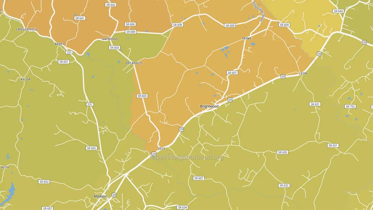 Map of the best neighborhoods in the Leon area, with better matches in green and worse matches in red