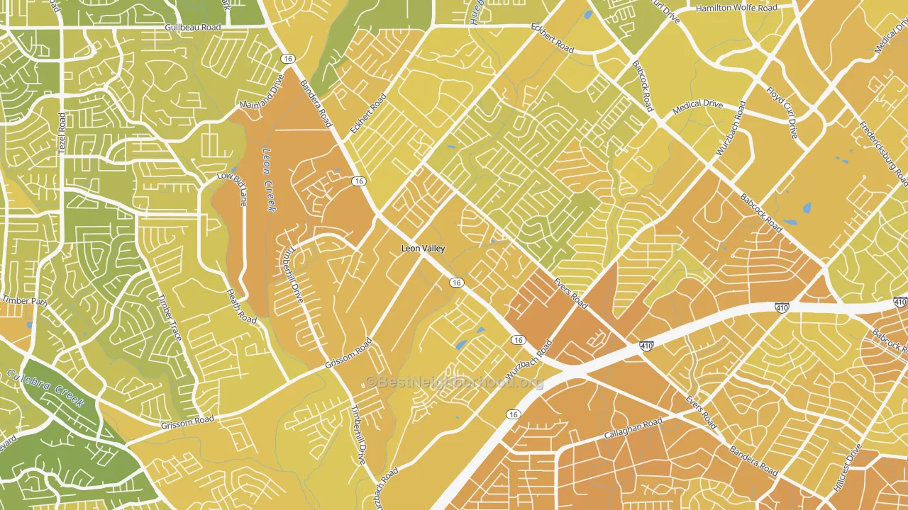 Map of the best neighborhoods in the Leon Valley area, with better matches in green and worse matches in red