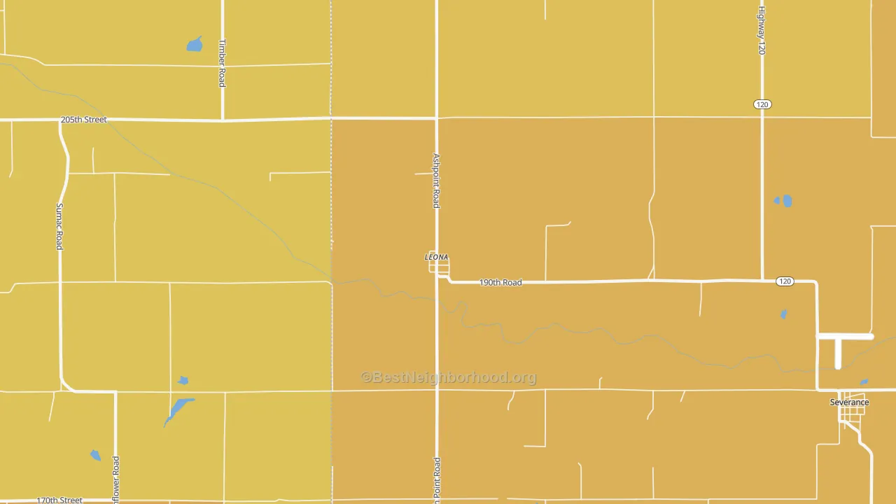 Map of the best neighborhoods in the Leona area, with better matches in green and worse matches in red
