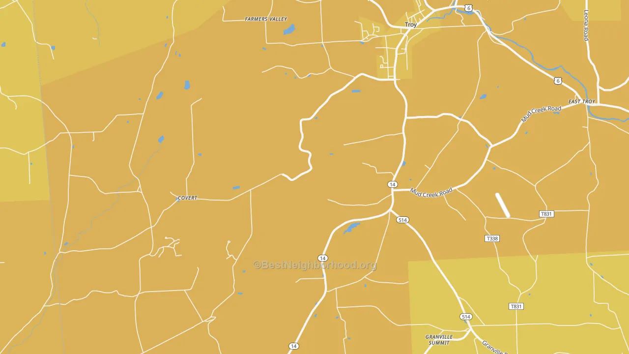 Map of the best neighborhoods in the Leona area, with better matches in green and worse matches in red