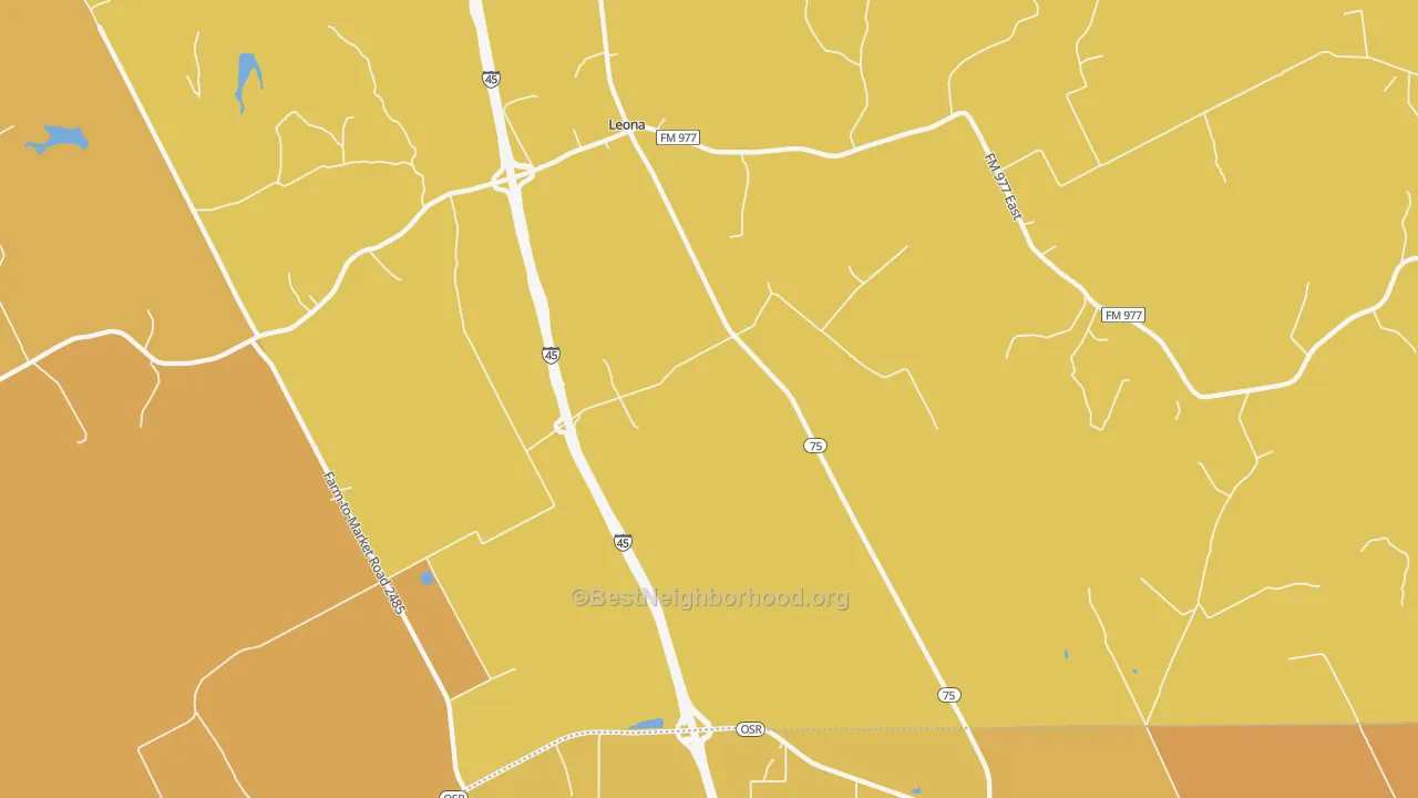 Map of the best neighborhoods in the Leona area, with better matches in green and worse matches in red