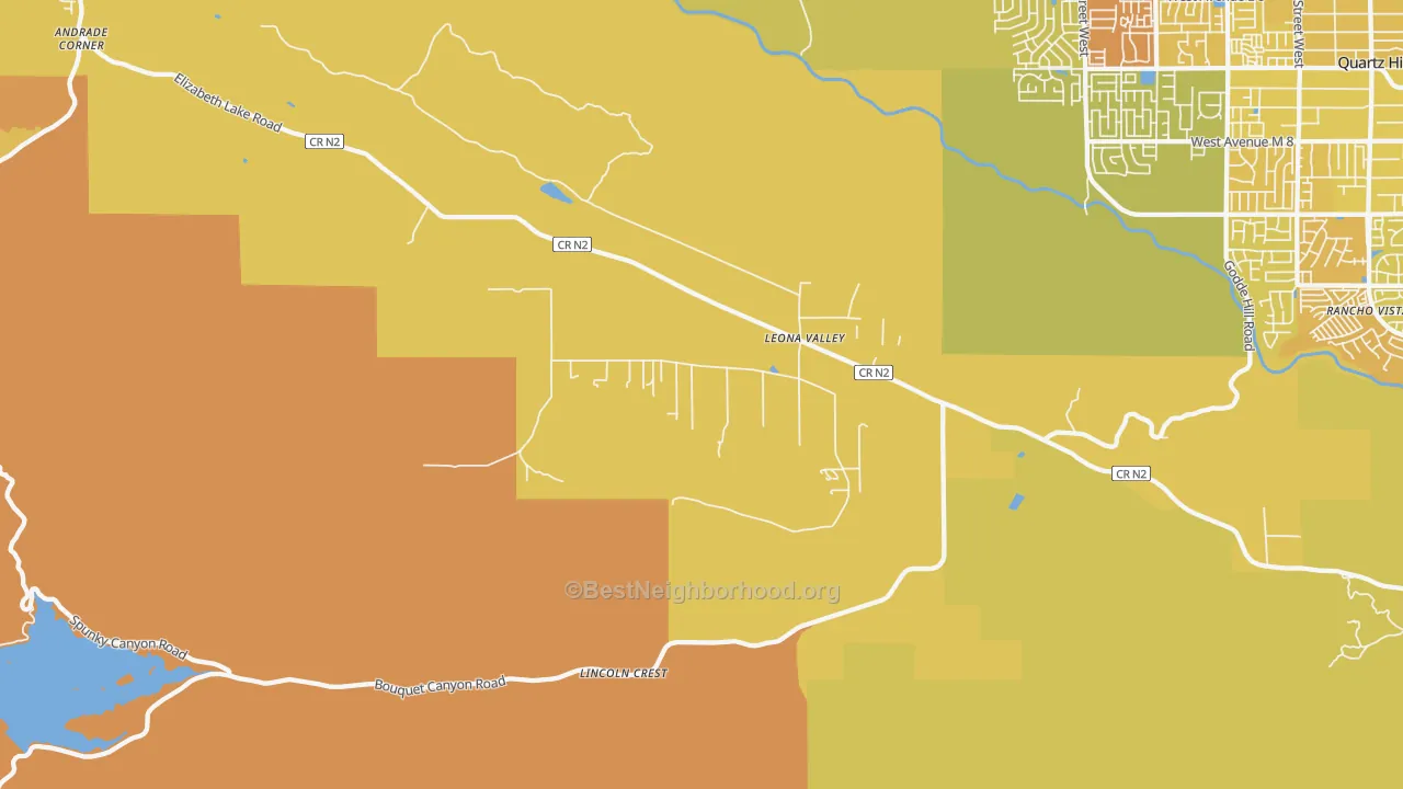 Map of the best neighborhoods in the Leona Valley area, with better matches in green and worse matches in red