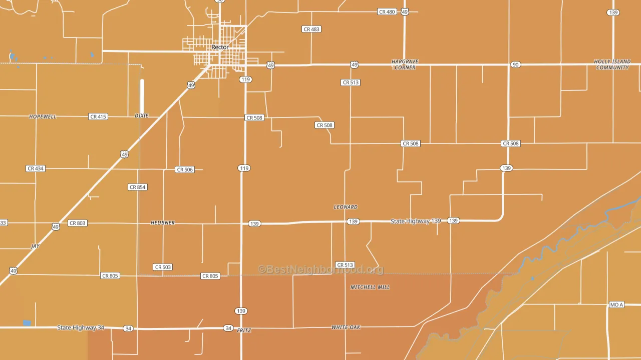 Map of the best neighborhoods in the Leonard area, with better matches in green and worse matches in red