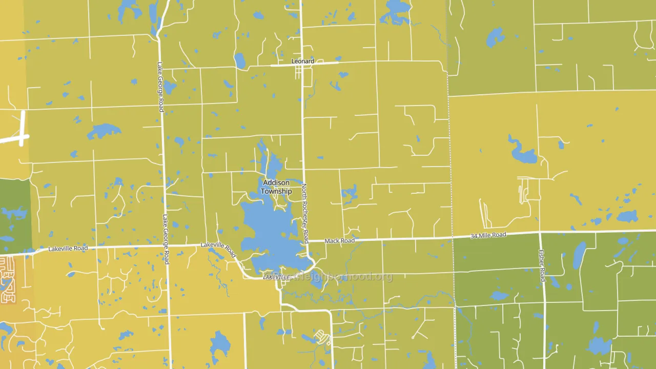 Map of the best neighborhoods in the Leonard area, with better matches in green and worse matches in red