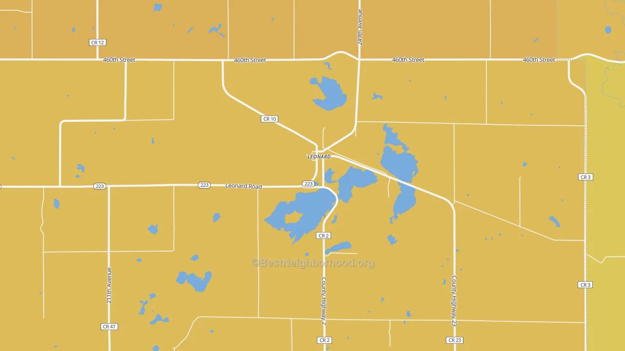 Map of the best neighborhoods in the Leonard area, with better matches in green and worse matches in red