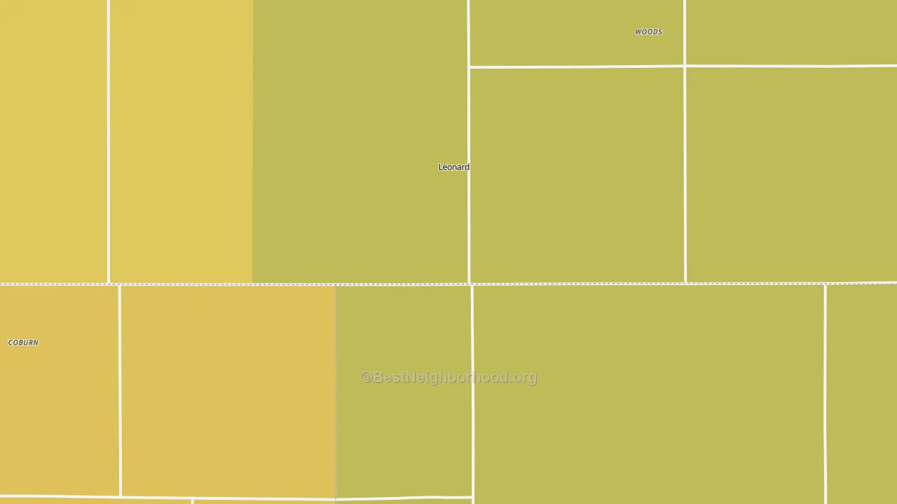 Map of the best neighborhoods in the Leonard area, with better matches in green and worse matches in red