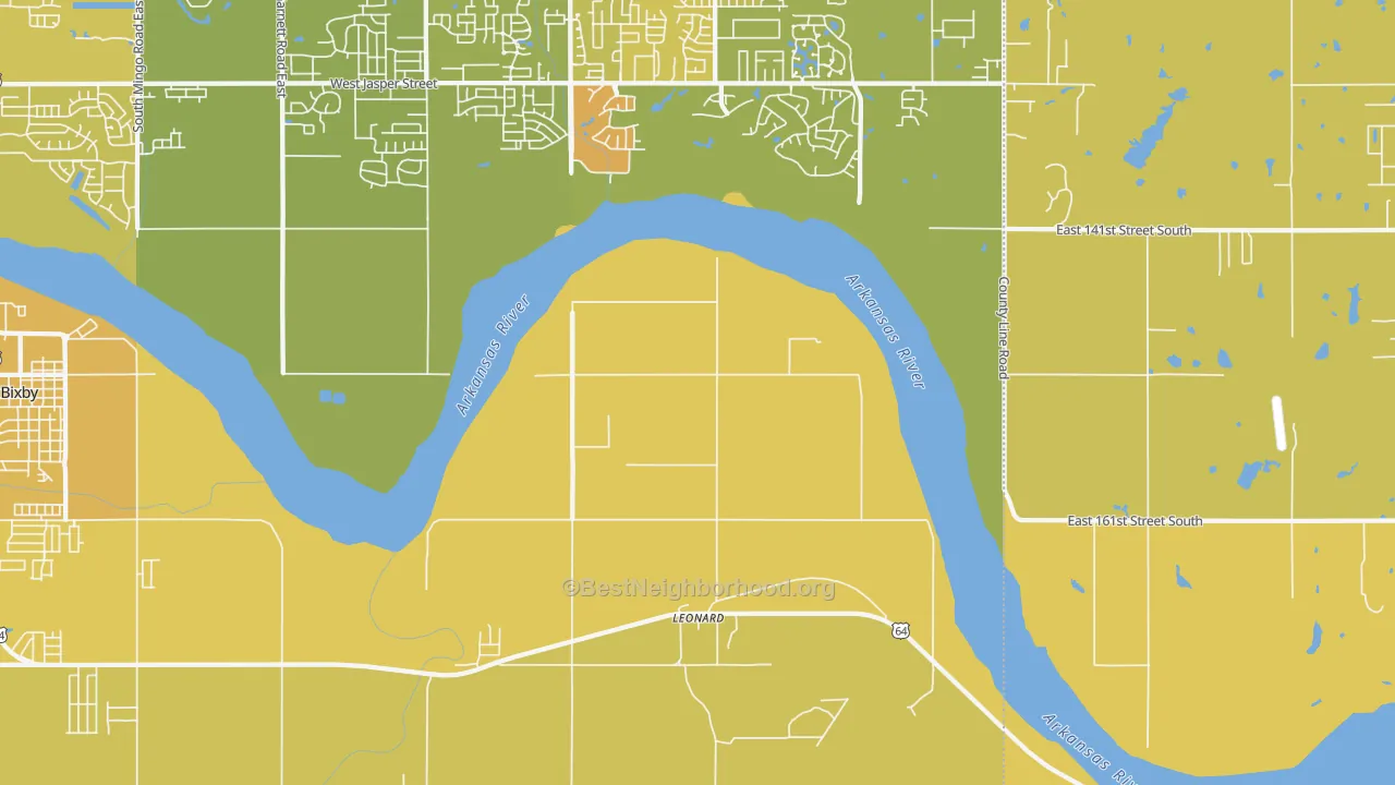 Map of the best neighborhoods in the Leonard area, with better matches in green and worse matches in red