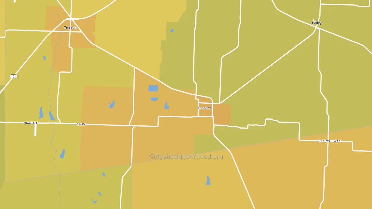Map of the best neighborhoods in the Leonard area, with better matches in green and worse matches in red