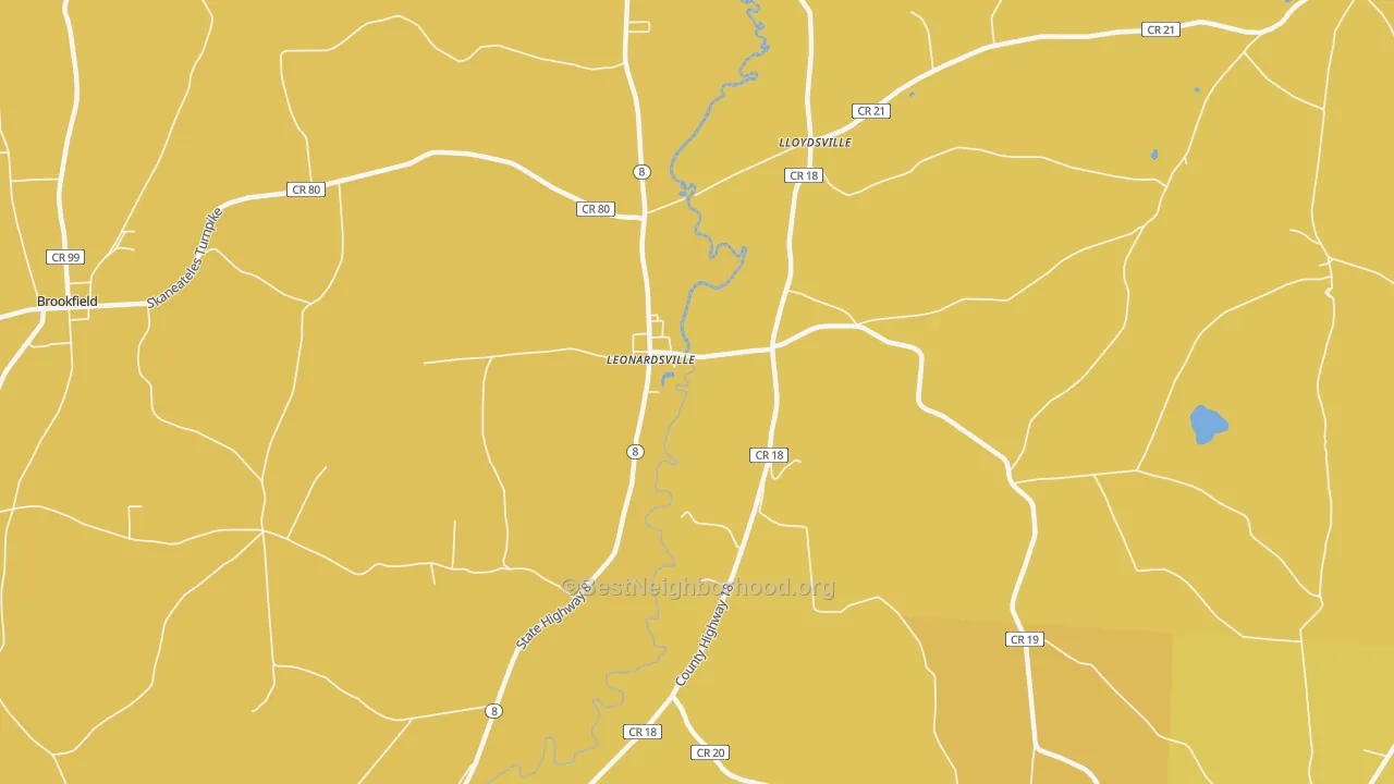 Map of the best neighborhoods in the Leonardsville area, with better matches in green and worse matches in red