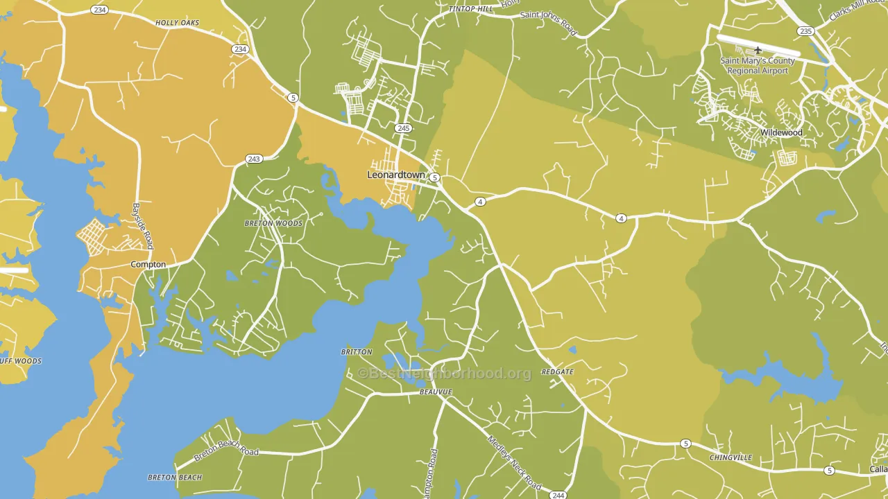 Map of the best neighborhoods in the Leonardtown area, with better matches in green and worse matches in red