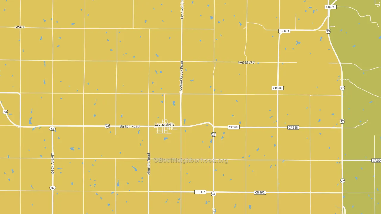 Map of the best neighborhoods in the Leonardville area, with better matches in green and worse matches in red
