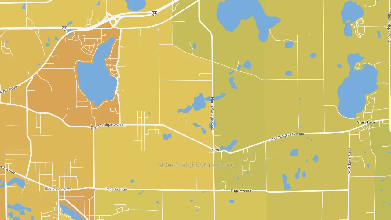 Map of the best neighborhoods in the Leoni area, with better matches in green and worse matches in red