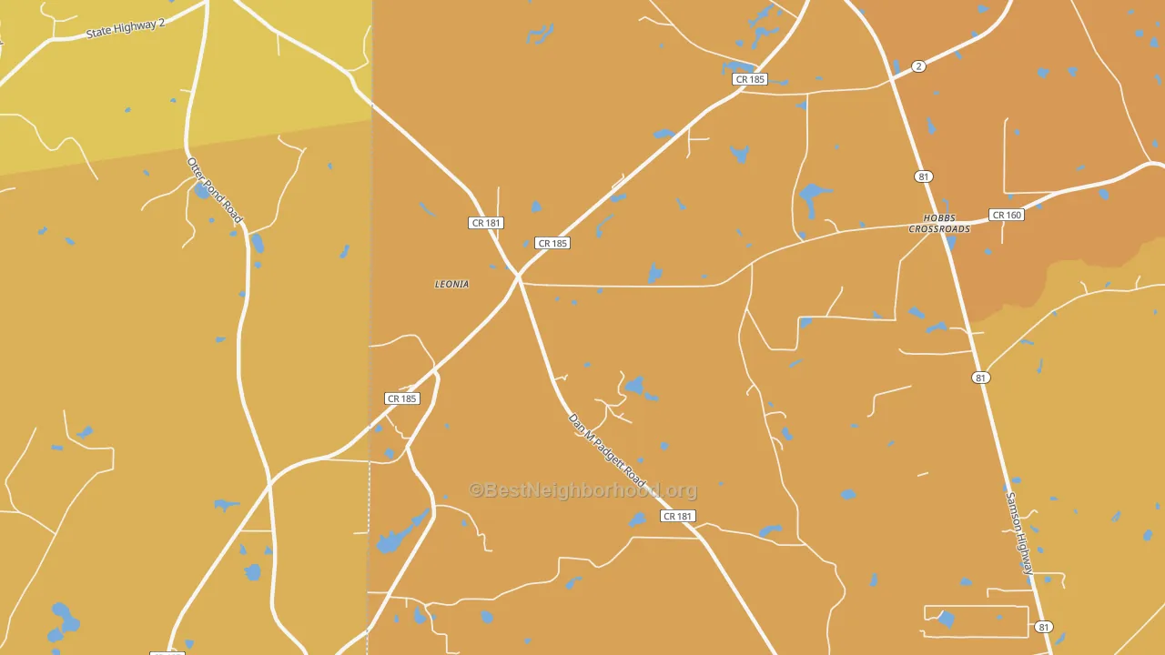 Map of the best neighborhoods in the Leonia area, with better matches in green and worse matches in red