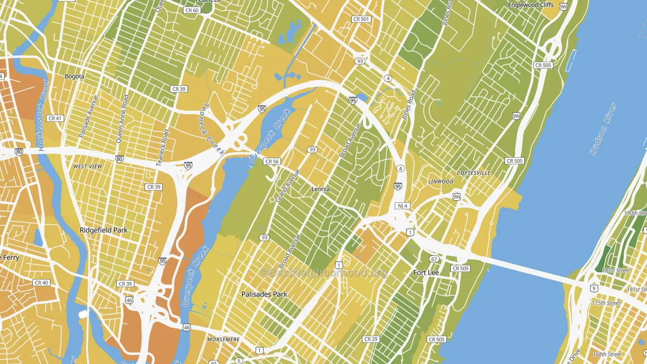 Map of the best neighborhoods in the Leonia area, with better matches in green and worse matches in red