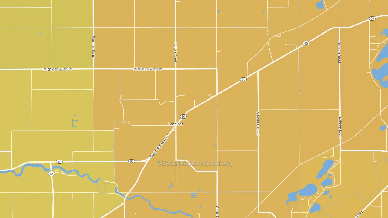 Map of the best neighborhoods in the Leonidas area, with better matches in green and worse matches in red