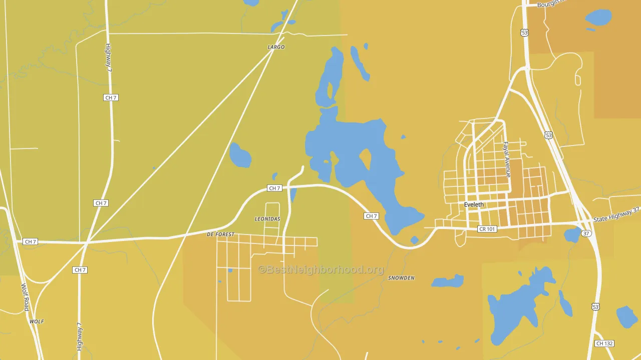 Map of the best neighborhoods in the Leonidas area, with better matches in green and worse matches in red
