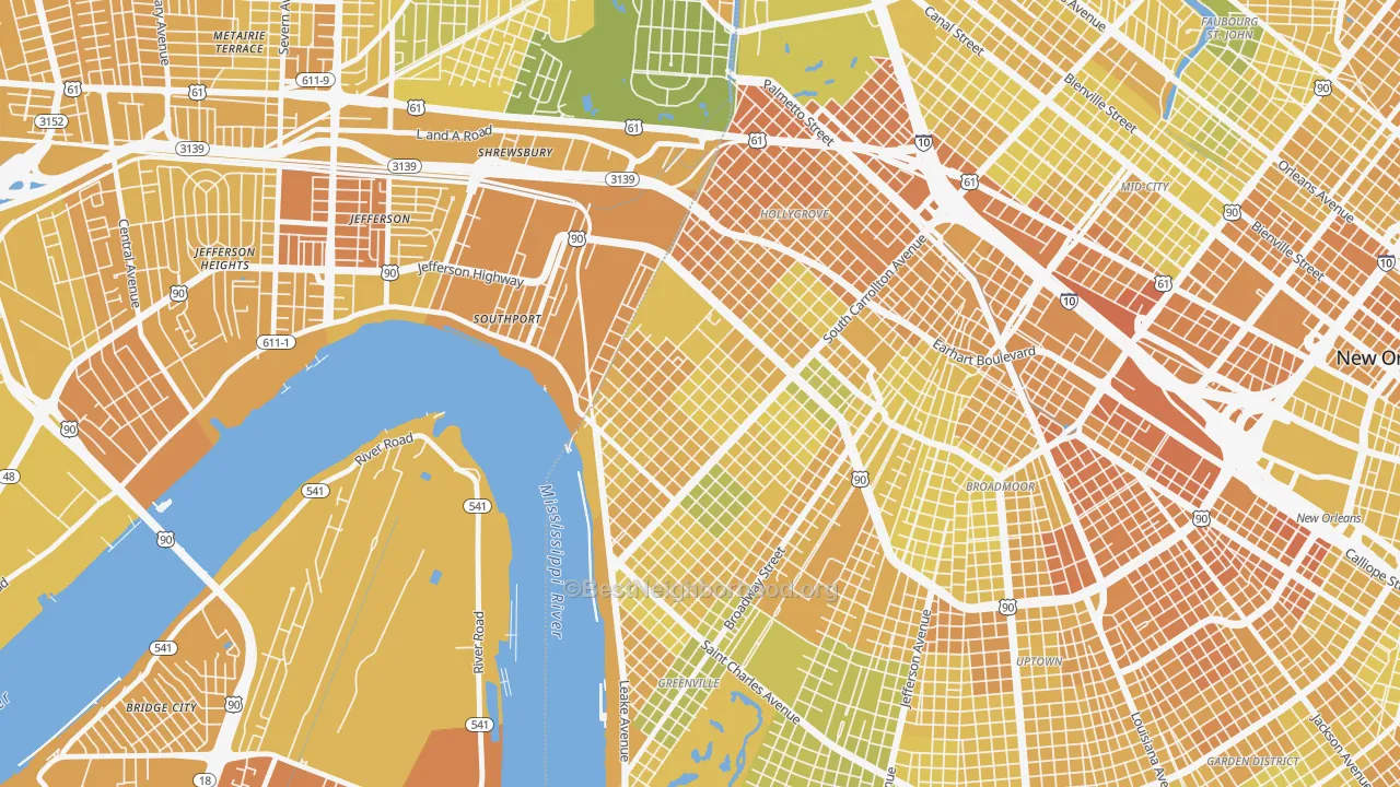 Map of the best neighborhoods in the Leonidas, New Orleans area, with better matches in green and worse matches in red