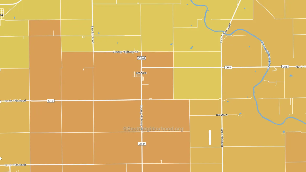 Map of the best neighborhoods in the Leonore area, with better matches in green and worse matches in red