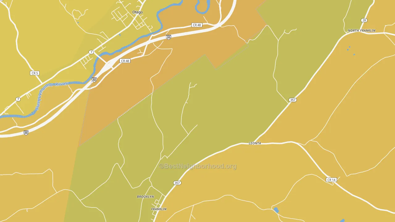 Map of the best neighborhoods in the Leonta area, with better matches in green and worse matches in red