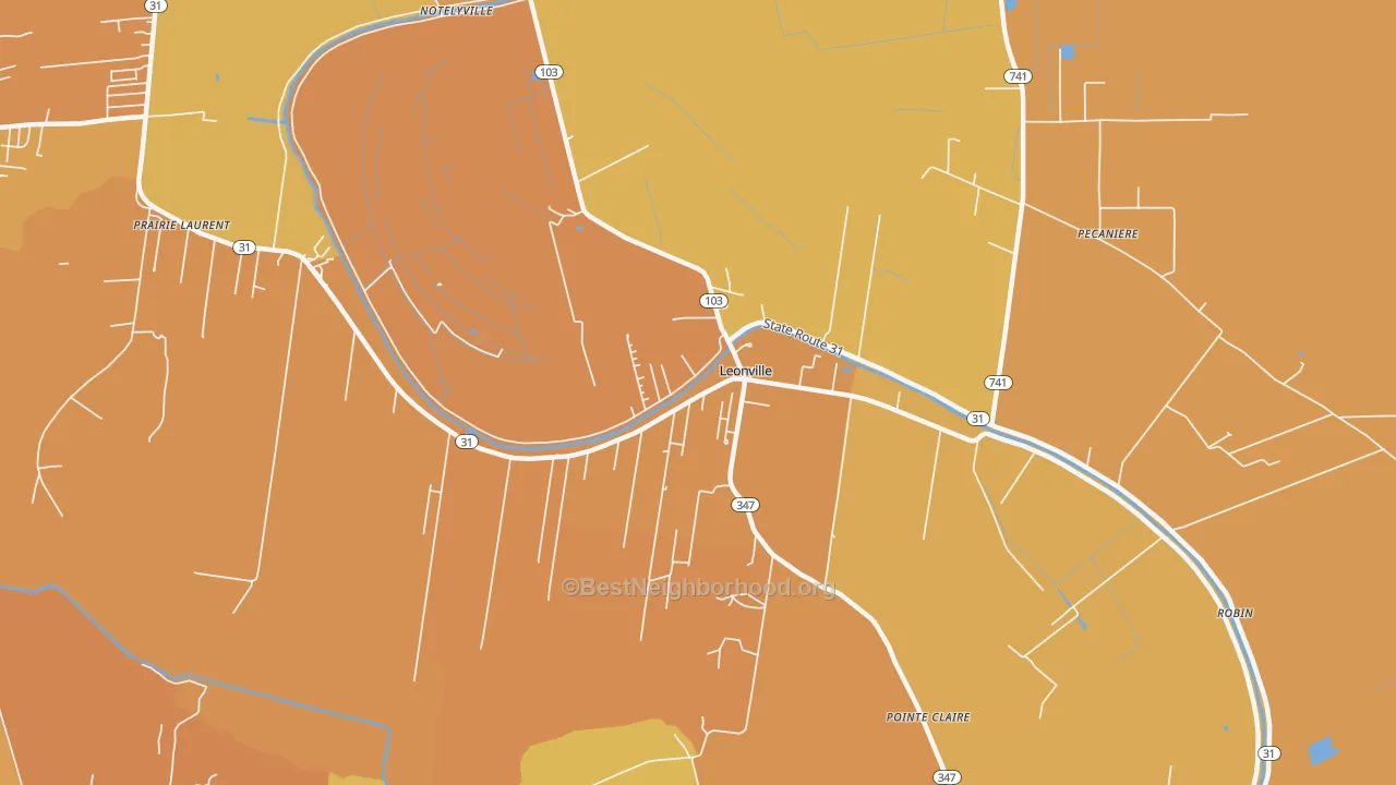 Map of the best neighborhoods in the Leonville area, with better matches in green and worse matches in red