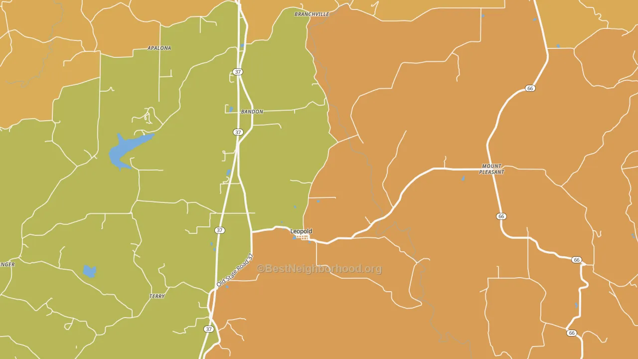 Map of the best neighborhoods in the Leopold area, with better matches in green and worse matches in red