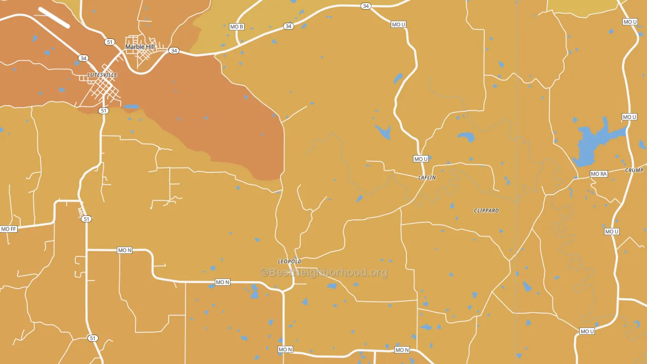 Map of the best neighborhoods in the Leopold area, with better matches in green and worse matches in red