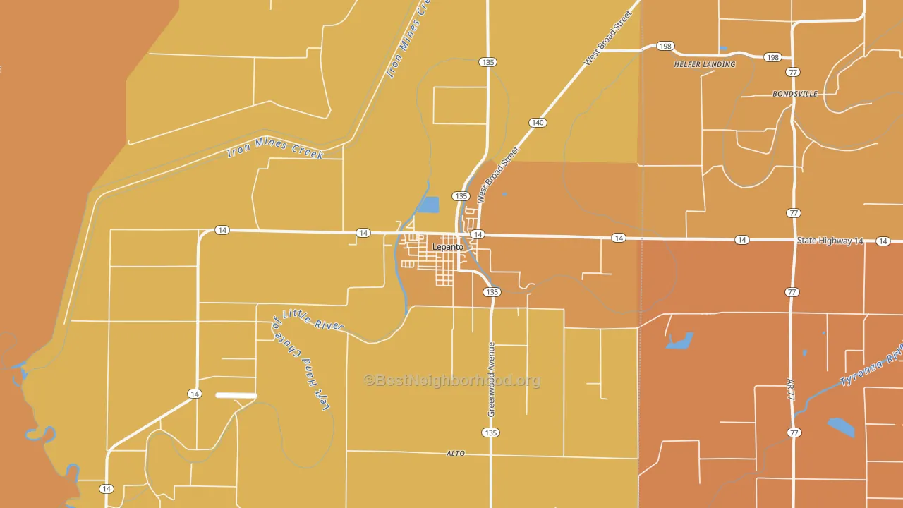 Map of the best neighborhoods in the Lepanto area, with better matches in green and worse matches in red