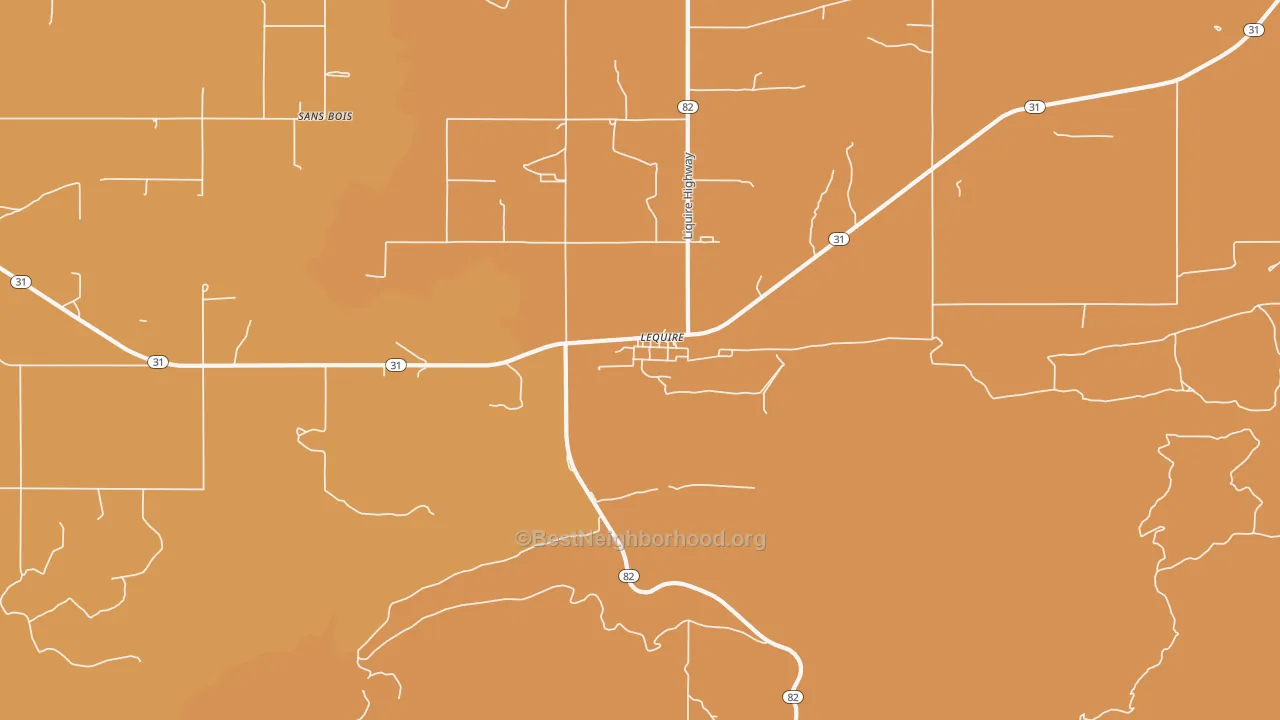 Map of the best neighborhoods in the Lequire area, with better matches in green and worse matches in red