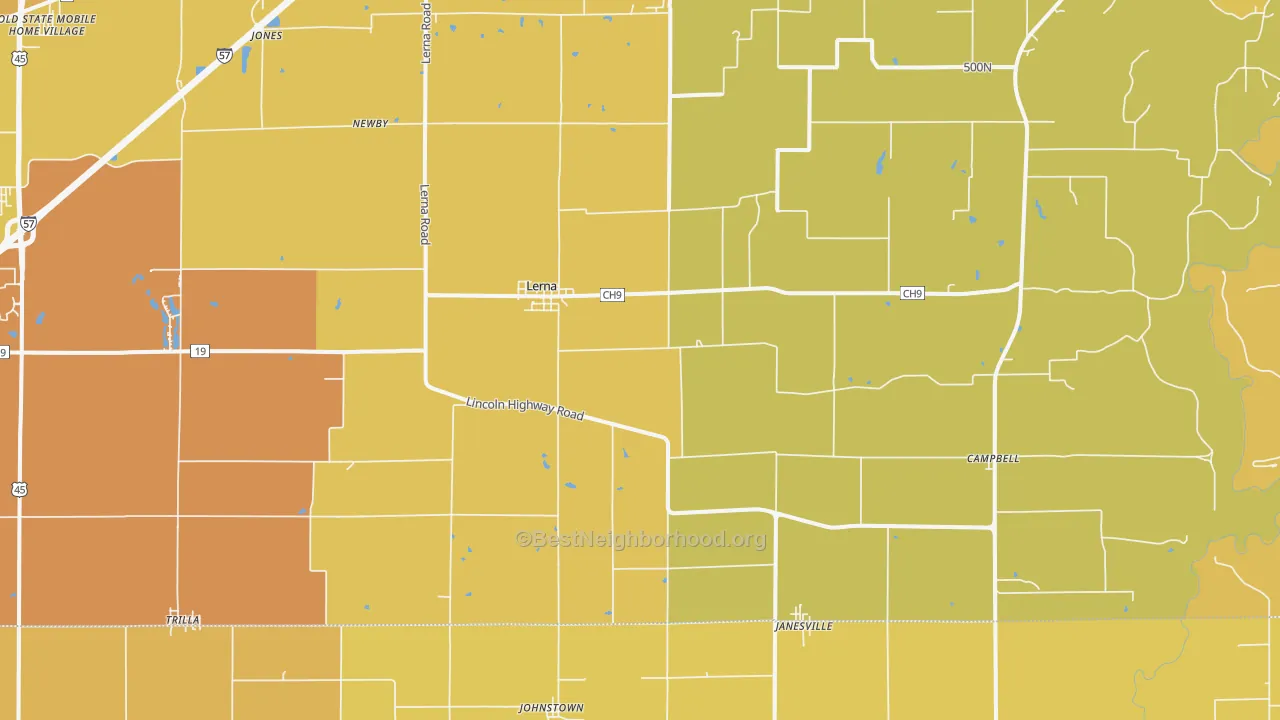 Map of the best neighborhoods in the Lerna area, with better matches in green and worse matches in red