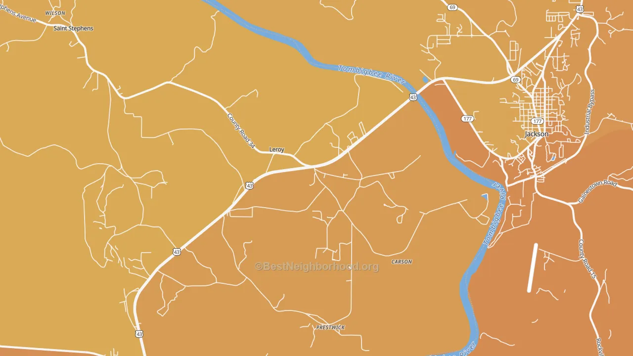 Map of the best neighborhoods in the Leroy area, with better matches in green and worse matches in red