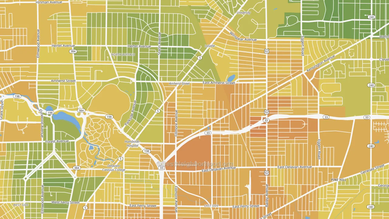 Map of the best neighborhoods in the Leroy, Buffalo area, with better matches in green and worse matches in red