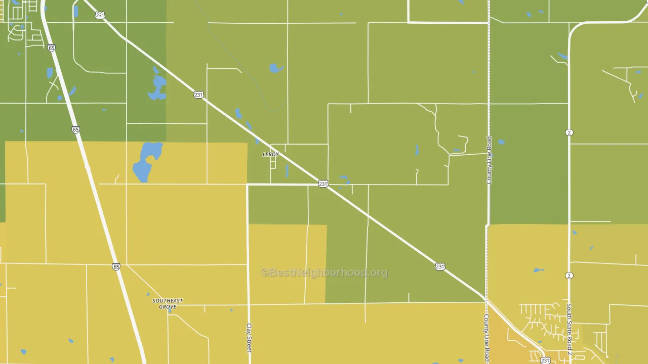 Map of the best neighborhoods in the Leroy area, with better matches in green and worse matches in red