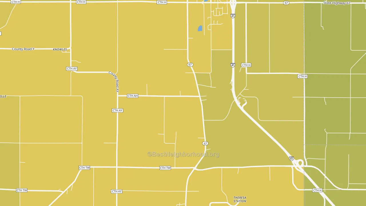 Map of the best neighborhoods in the LeRoy area, with better matches in green and worse matches in red