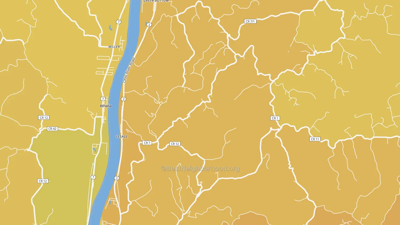 Map of the best neighborhoods in the Lesage area, with better matches in green and worse matches in red