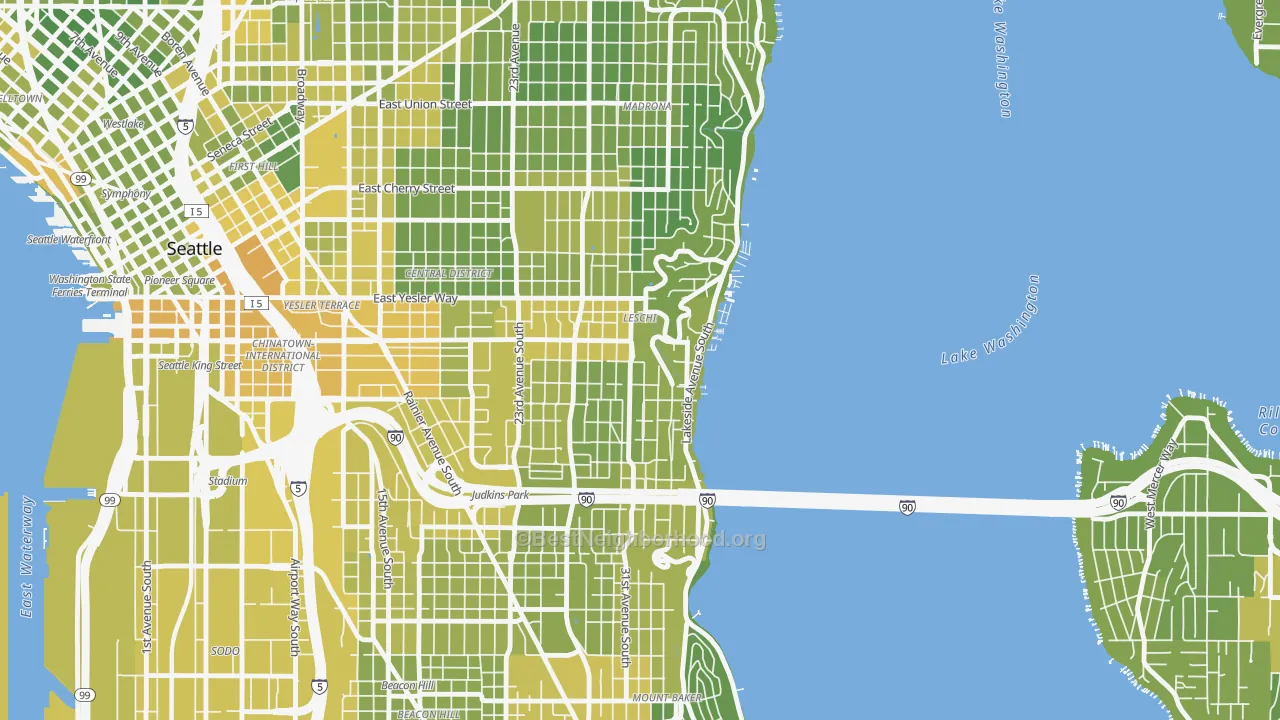 Map of the best neighborhoods in the Leschi, Seattle area, with better matches in green and worse matches in red